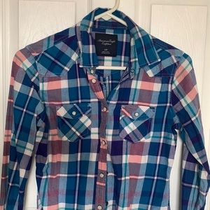 ❤️ GUC AEO Teal Blue Pink Green Button up Plaid Flannel S